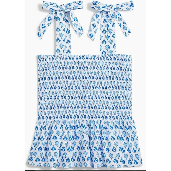 NWT J. Crew Smocked Tie-Shoulder Tank Top - White and Blue - Size Large - Picture 1 of 4